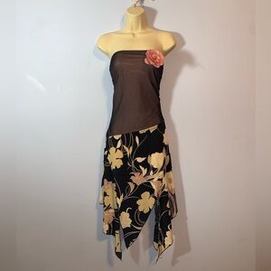 579 vintage Floral Strapless tube Dress Pink floral pin handkerchief hem xs